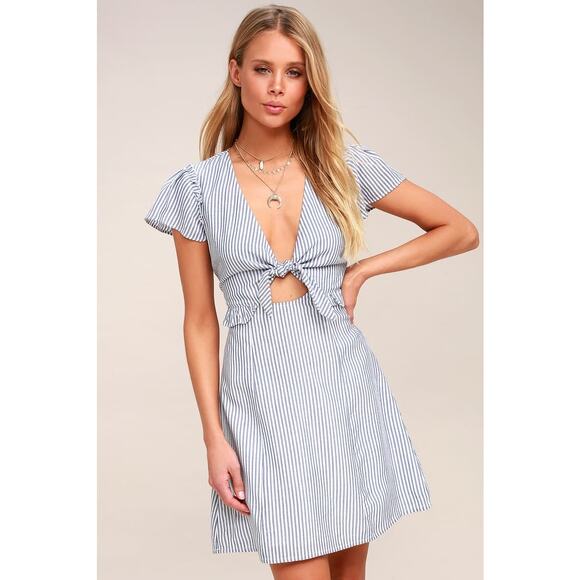 Lulus Seaport Blue & White Stripe Tie Front 100% Rayon Mini Dress - S - Picture 1 of 10